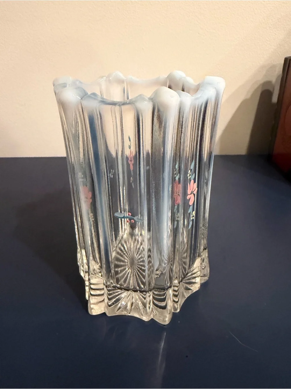 Fenton Vulcan Floral Hand Painted Enamel Opalescent Vase 6” Signed VTG